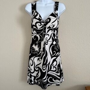 Vintage Y2K Medium Mini‎ Dress Black White Swirl Retro Keyhole Fairy Whimsigoth